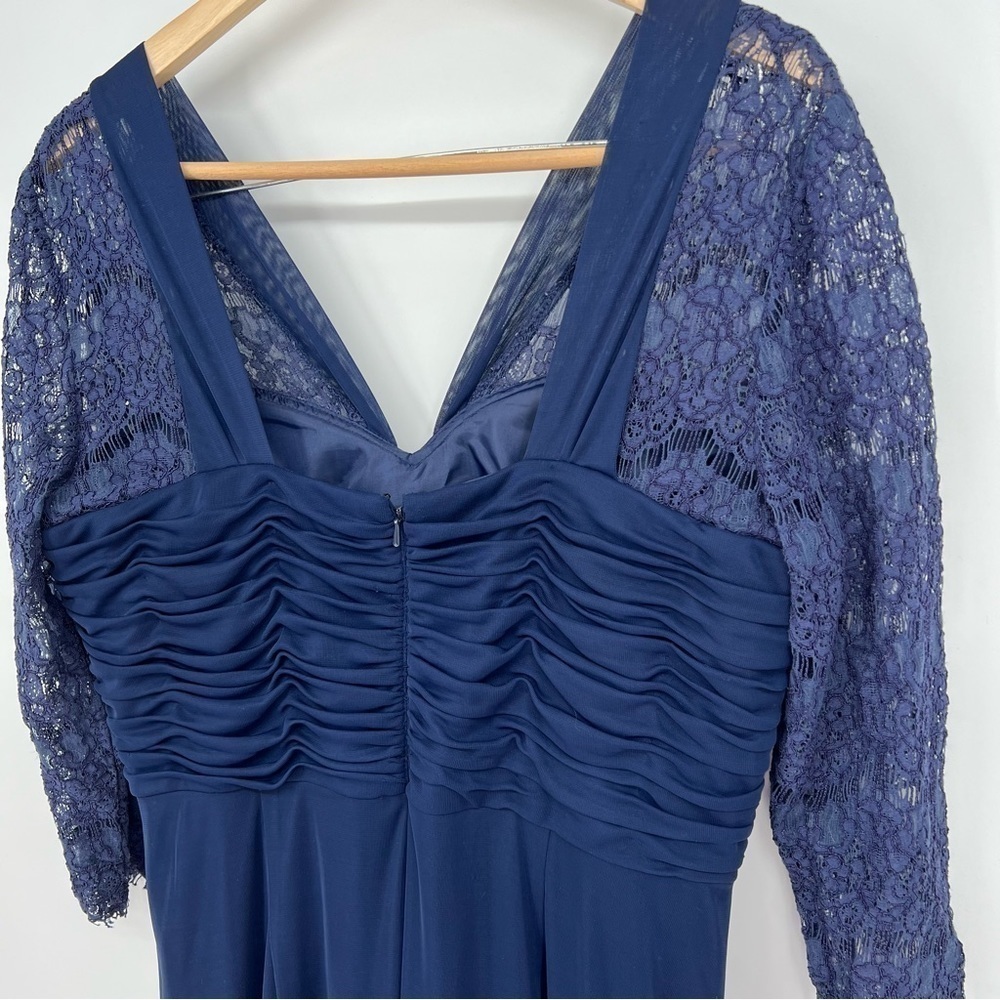 Alex Evenings Navy Blue Ruched Twist Column Bodice Lace Sleeve Maxi Dress Gown - Picture 7 of 14